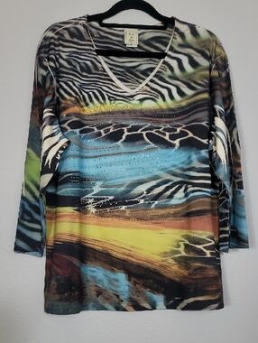 Jess & Jane Wearable Art Tunic Top Large Multicolor Studded V Neck Artsy Eclecti